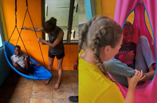 Image of two Occupational Therapy students aiding orphans in Jamaica